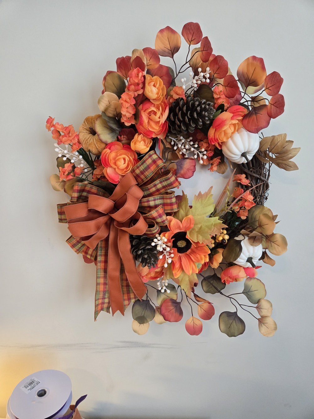 Rust & Orange Autumn Wreath with Plaid Bow